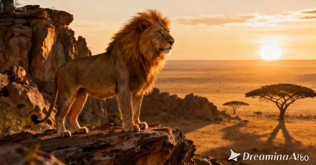 Lions standing on rock in African savanna