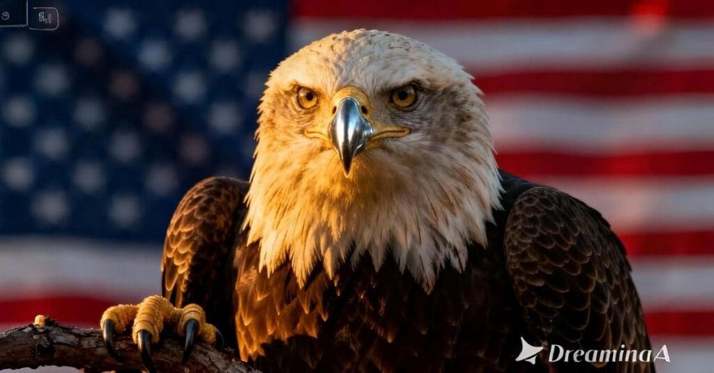 American eagle flying high over mountains